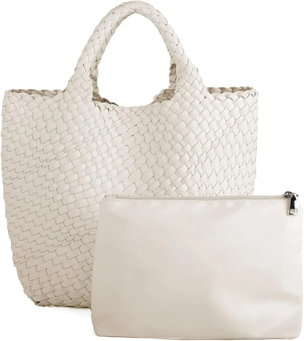 Woven Vegan Leather Handmade Tote for Women - Summer Beach Travel Hand Bag, Purse, Satchel Handbag