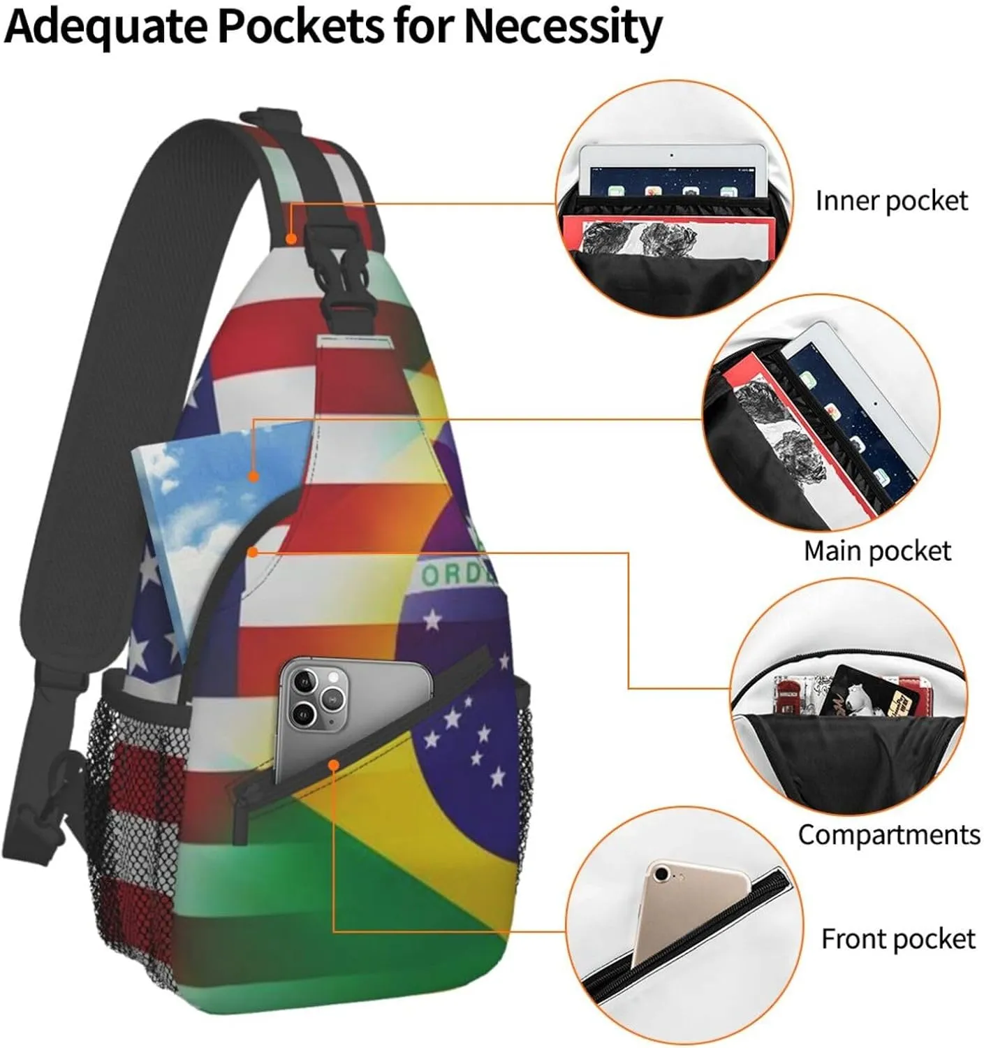 WURTON American And Brazilian Flags Print Trendy Casual Daypack Versatile Crossbody Backpack Shoulder Bag Fashionable Chest Bag