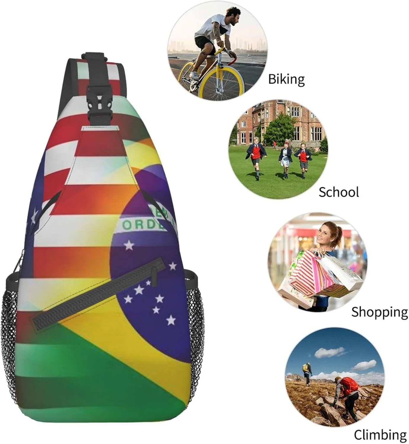 WURTON American And Brazilian Flags Print Trendy Casual Daypack Versatile Crossbody Backpack Shoulder Bag Fashionable Chest Bag