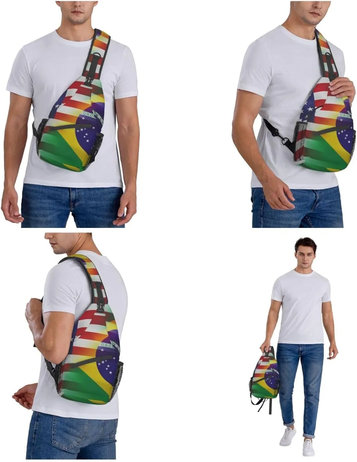 WURTON American And Brazilian Flags Print Trendy Casual Daypack Versatile Crossbody Backpack Shoulder Bag Fashionable Chest Bag