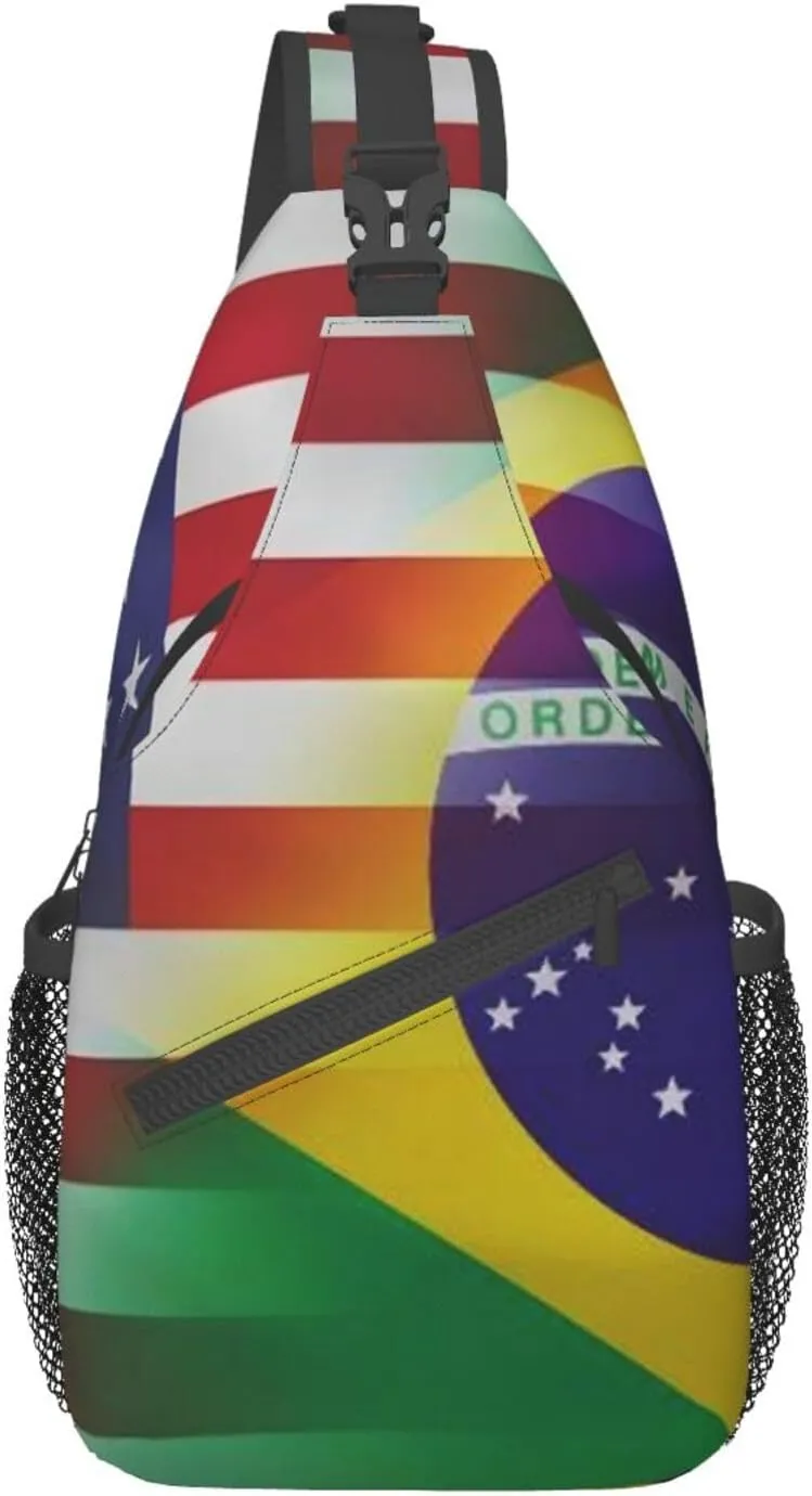 WURTON American And Brazilian Flags Print Trendy Casual Daypack Versatile Crossbody Backpack Shoulder Bag Fashionable Chest Bag