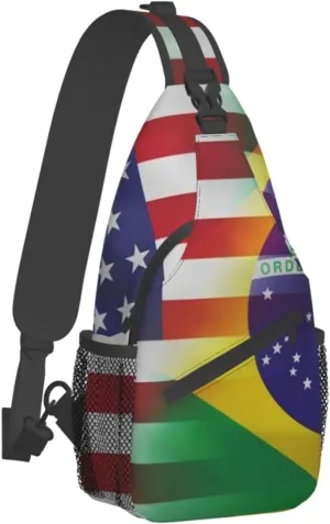 WURTON American And Brazilian Flags Print Trendy Casual Daypack Versatile Crossbody Backpack Shoulder Bag Fashionable Chest Bag