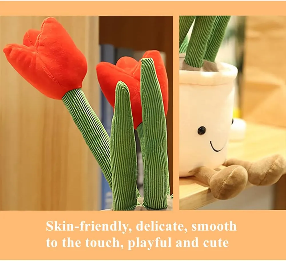 WUZHOU Tulip Plush Toy, 13.7" Flower Pot Stuffed Plushie Pillow Decoration, Soft Fluffy Toy Succulent Plants Friend Throw Pillow, Multicolor (Red-Tulip)