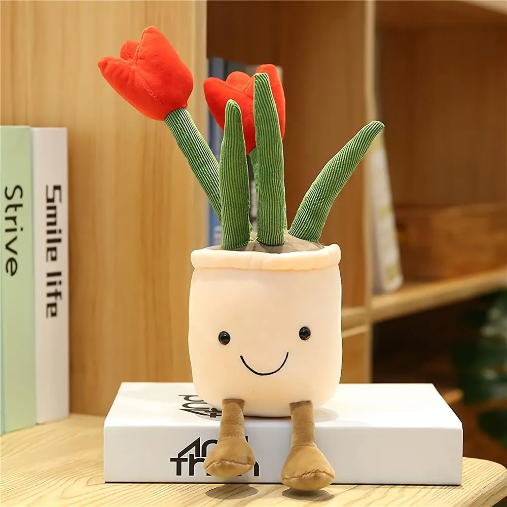 WUZHOU Tulip Plush Toy, 13.7" Flower Pot Stuffed Plushie Pillow Decoration, Soft Fluffy Toy Succulent Plants Friend Throw Pillow, Multicolor (Red-Tulip)