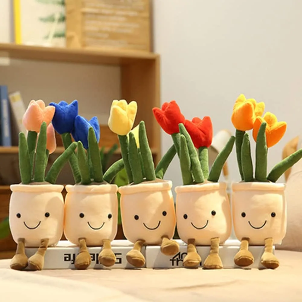 WUZHOU Tulip Plush Toy, 13.7" Flower Pot Stuffed Plushie Pillow Decoration, Soft Fluffy Toy Succulent Plants Friend Throw Pillow, Multicolor (Red-Tulip)