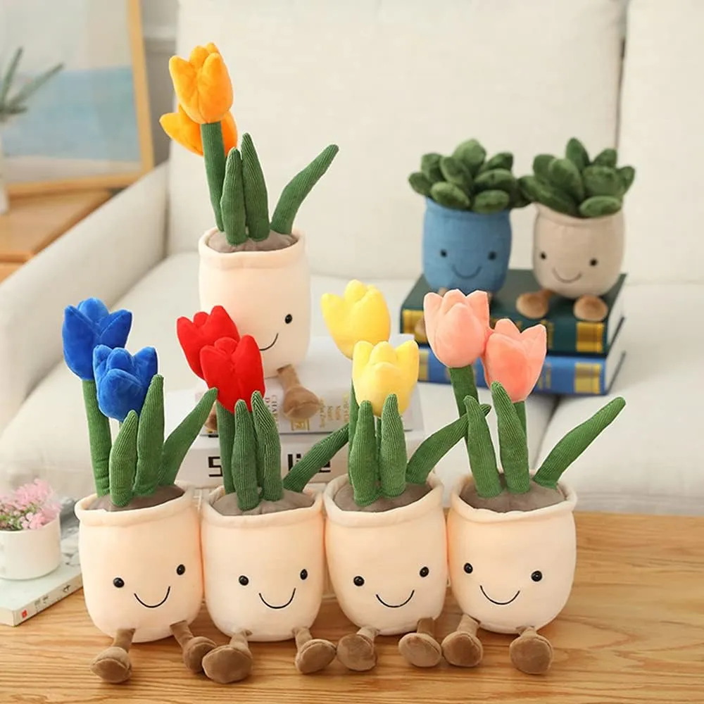 WUZHOU Tulip Plush Toy, 13.7" Flower Pot Stuffed Plushie Pillow Decoration, Soft Fluffy Toy Succulent Plants Friend Throw Pillow, Multicolor (Red-Tulip)