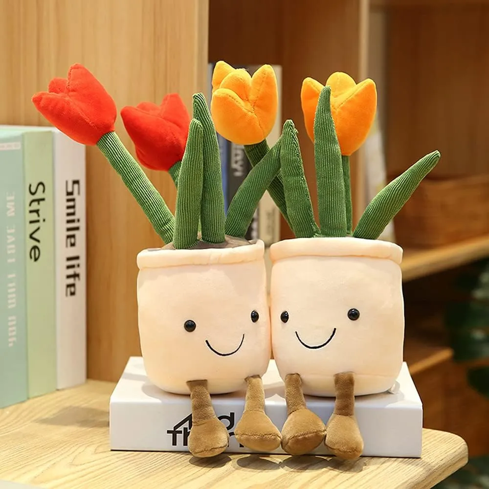 WUZHOU Tulip Plush Toy, 13.7" Flower Pot Stuffed Plushie Pillow Decoration, Soft Fluffy Toy Succulent Plants Friend Throw Pillow, Multicolor (Red-Tulip)
