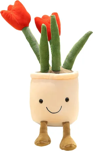 WUZHOU Tulip Plush Toy, 13.7" Flower Pot Stuffed Plushie Pillow Decoration, Soft Fluffy Toy Succulent Plants Friend Throw Pillow, Multicolor (Red-Tulip)