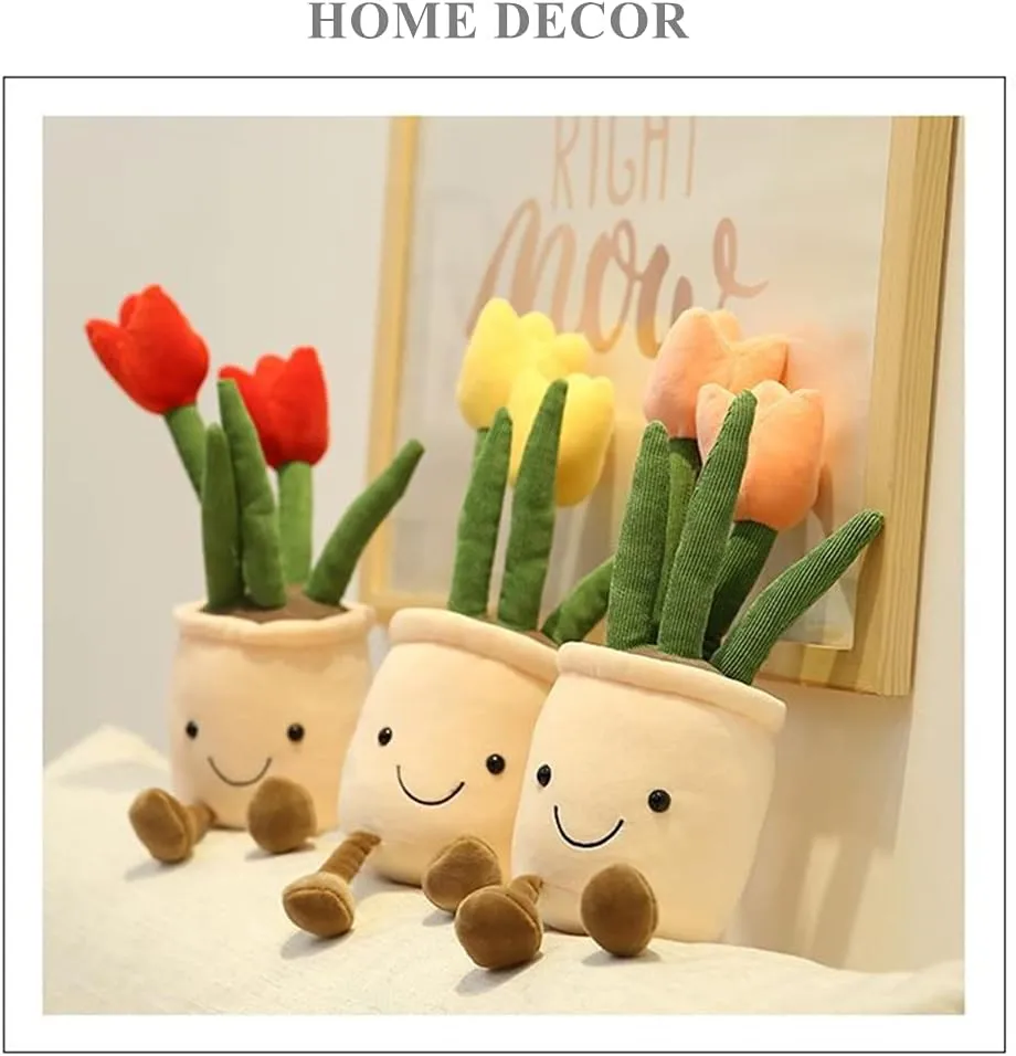WUZHOU Tulip Plush Toy, 13.7" Flower Pot Stuffed Plushie Pillow Decoration, Soft Fluffy Toy Succulent Plants Friend Throw Pillow, Multicolor (Red-Tulip)