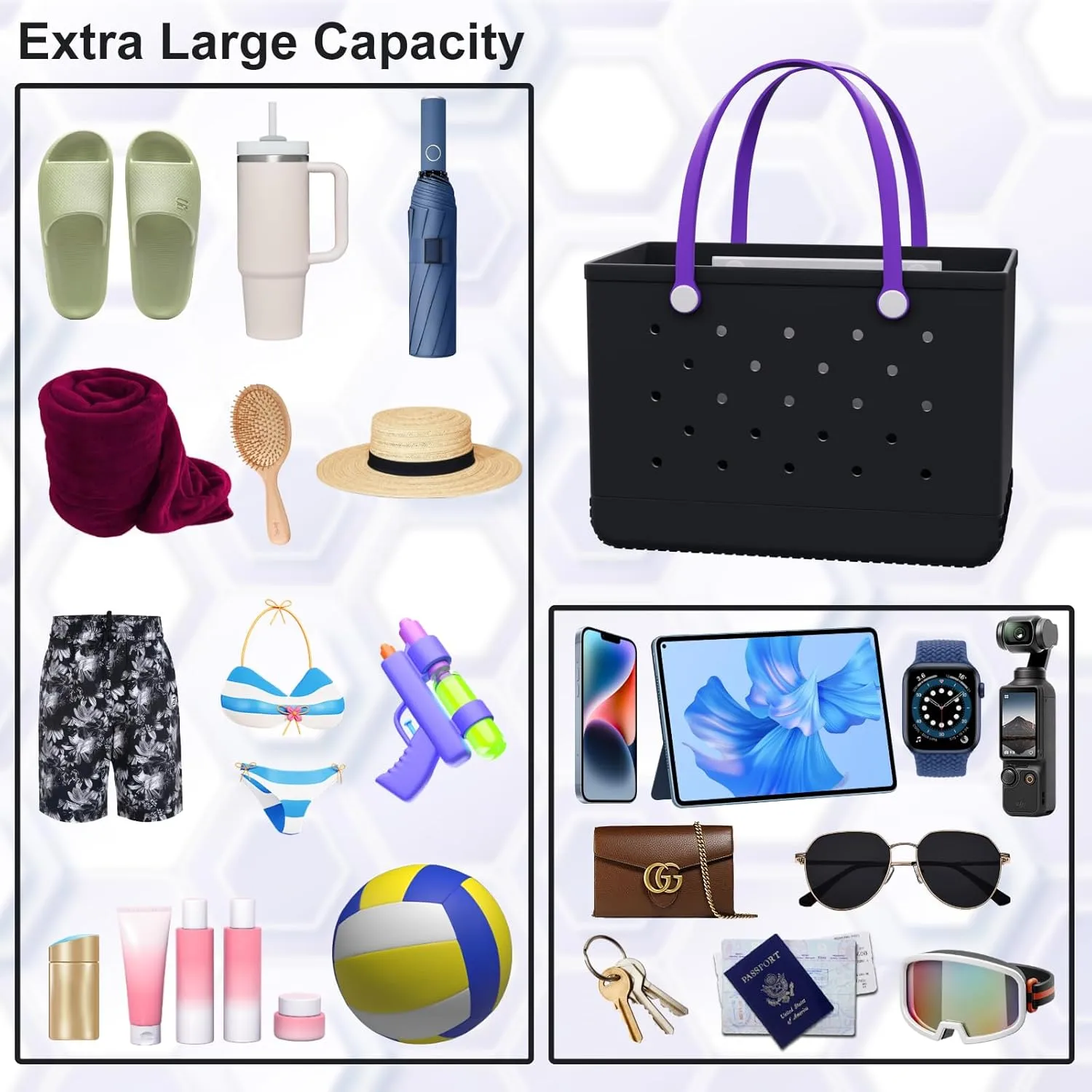 X-Large Rubber Tote Beach Bag with Inner Pocket, Washable Durable Pool Handbag, Lightweight, Waterproof Sandproof