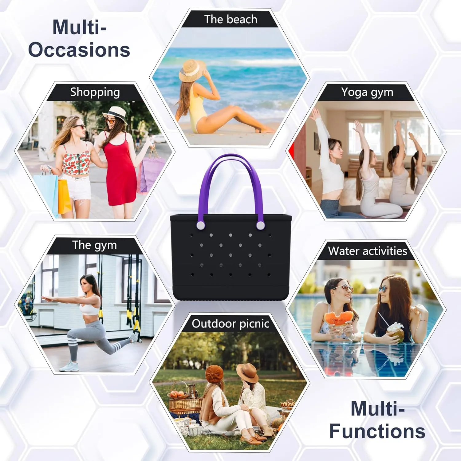 X-Large Rubber Tote Beach Bag with Inner Pocket, Washable Durable Pool Handbag, Lightweight, Waterproof Sandproof