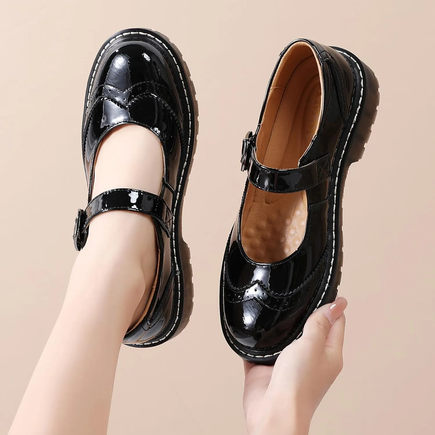 XMM Mary Jane Shoes Women Mary Janes Flats Ladies Oxford Shoes for Women Comfort Leather Round Toe Non-Slip Dressy Casual Cute Girls School Work Shoes