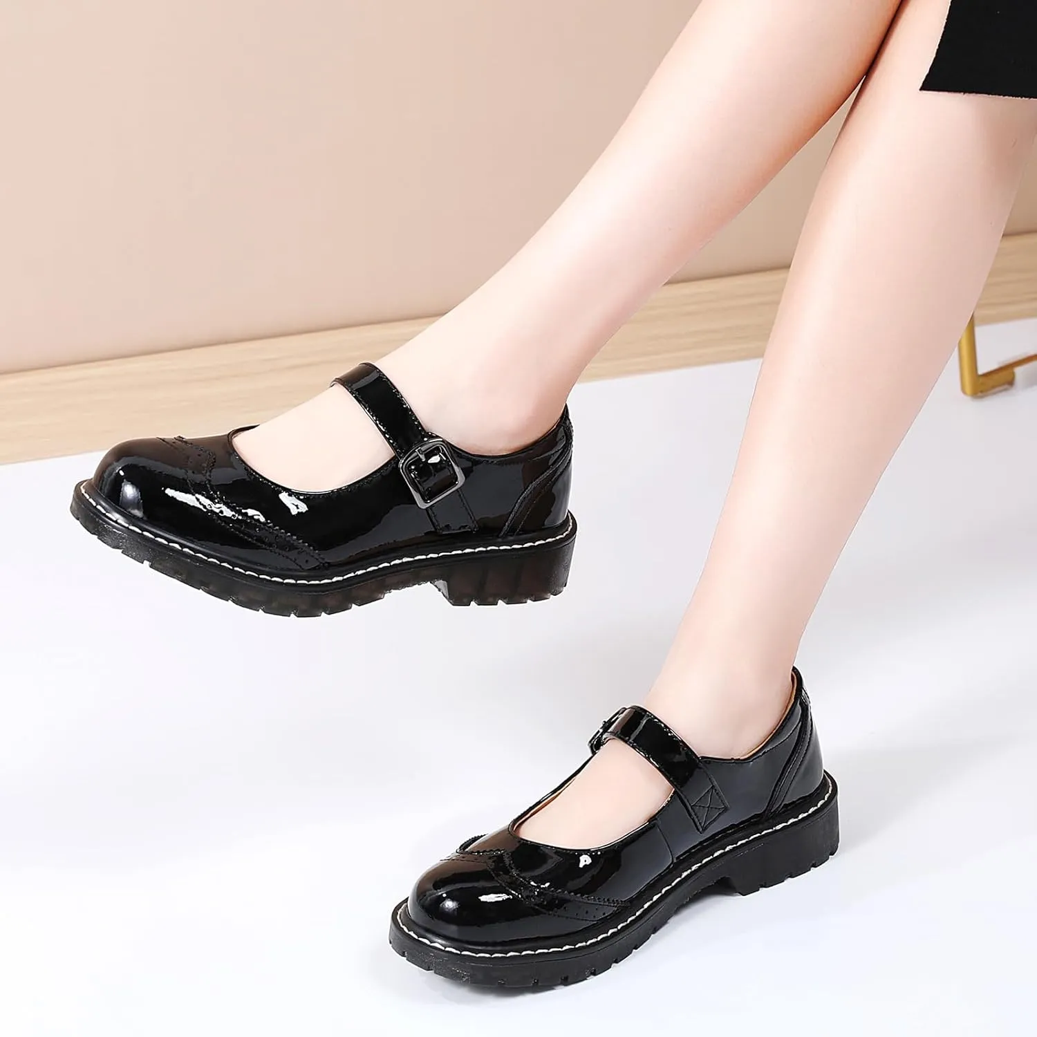 XMM Mary Jane Shoes Women Mary Janes Flats Ladies Oxford Shoes for Women Comfort Leather Round Toe Non-Slip Dressy Casual Cute Girls School Work Shoes