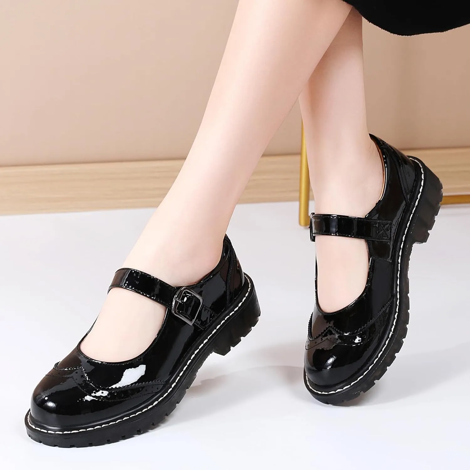 XMM Mary Jane Shoes Women Mary Janes Flats Ladies Oxford Shoes for Women Comfort Leather Round Toe Non-Slip Dressy Casual Cute Girls School Work Shoes