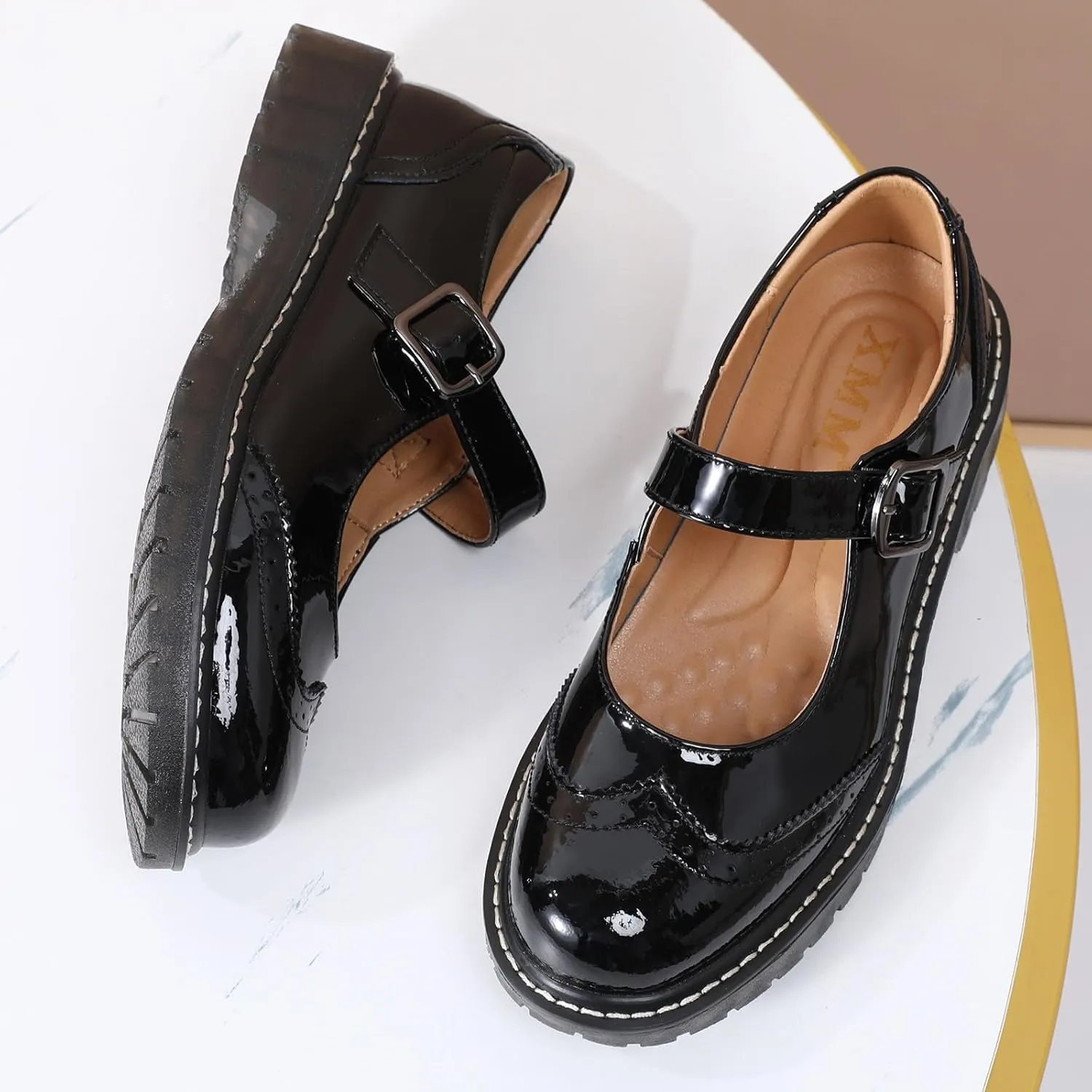 XMM Mary Jane Shoes Women Mary Janes Flats Ladies Oxford Shoes for Women Comfort Leather Round Toe Non-Slip Dressy Casual Cute Girls School Work Shoes