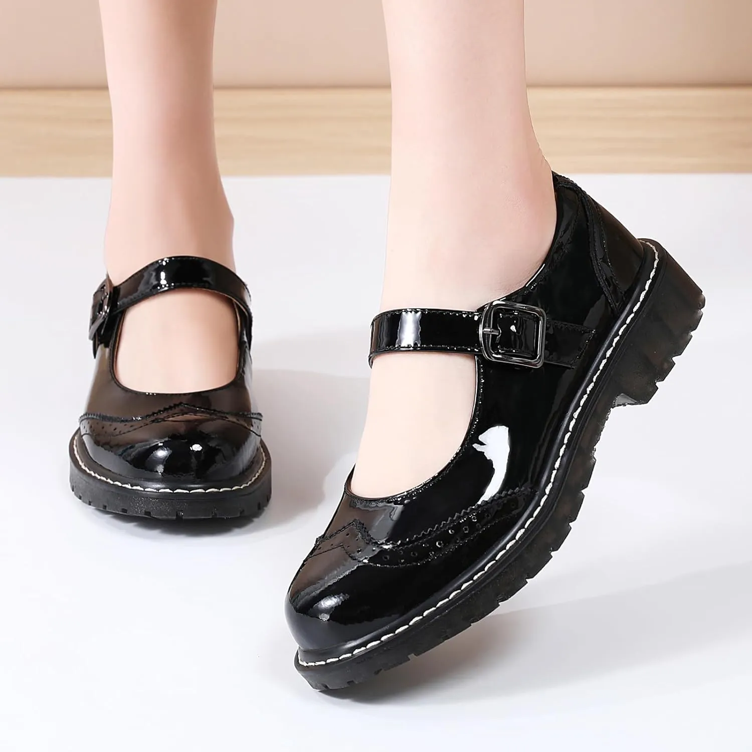 XMM Mary Jane Shoes Women Mary Janes Flats Ladies Oxford Shoes for Women Comfort Leather Round Toe Non-Slip Dressy Casual Cute Girls School Work Shoes