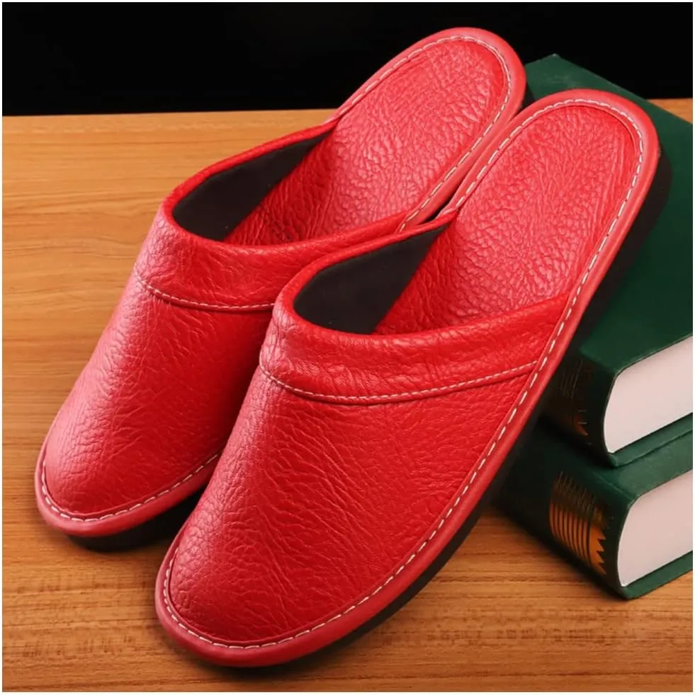 XUEMML Men's Leather Muller Slippers,leather Sandals Closed Toes，Men Casual Flip Flops，Couple's Home Indoor Breathable Non-slip Slippers Women
