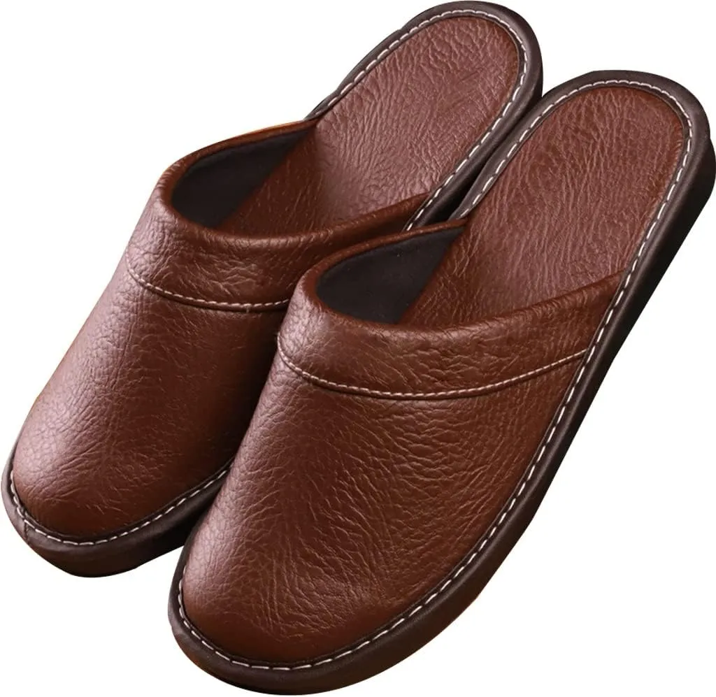 XUEMML Men's Leather Muller Slippers,leather Sandals Closed Toes，Men Casual Flip Flops，Couple's Home Indoor Breathable Non-slip Slippers Women