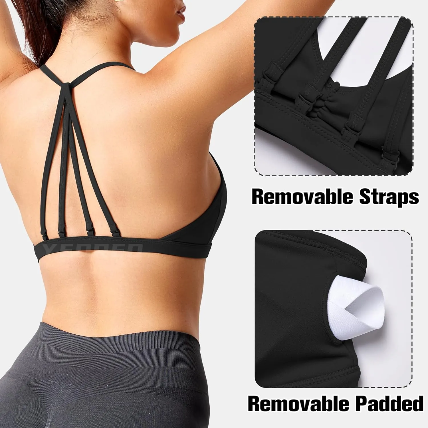 YEOREO Workout Sports Bras for Women Padded Strappy Open Back Gym Bra Light Impact Criss Cross Yoga Crop Top