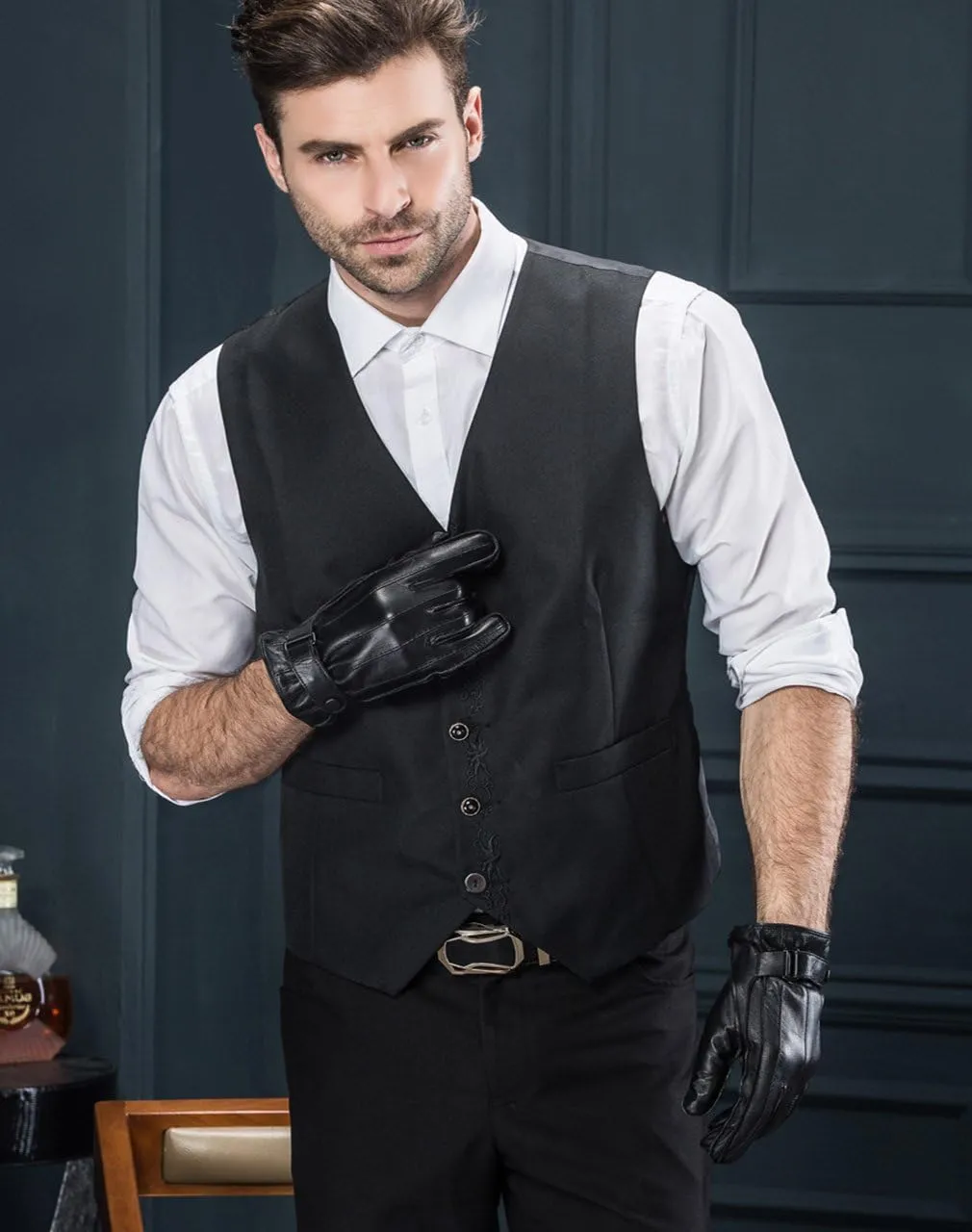 YISEVEN Winter Men's Warm Genuine Lambskin Leather Gloves Skin Tight with Button