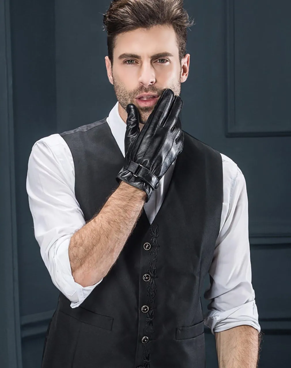 YISEVEN Winter Men's Warm Genuine Lambskin Leather Gloves Skin Tight with Button