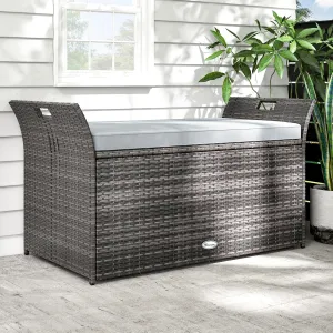 YITAHOME 90 Gallon Outdoor Wicker Storage Bench w/Cushion, Large PE Rattan Deck Storage Box w/Handles & Hydraulics for Patio Furniture, Cushions, Garden Tools, Pool & Sports Equipment, Light Grey