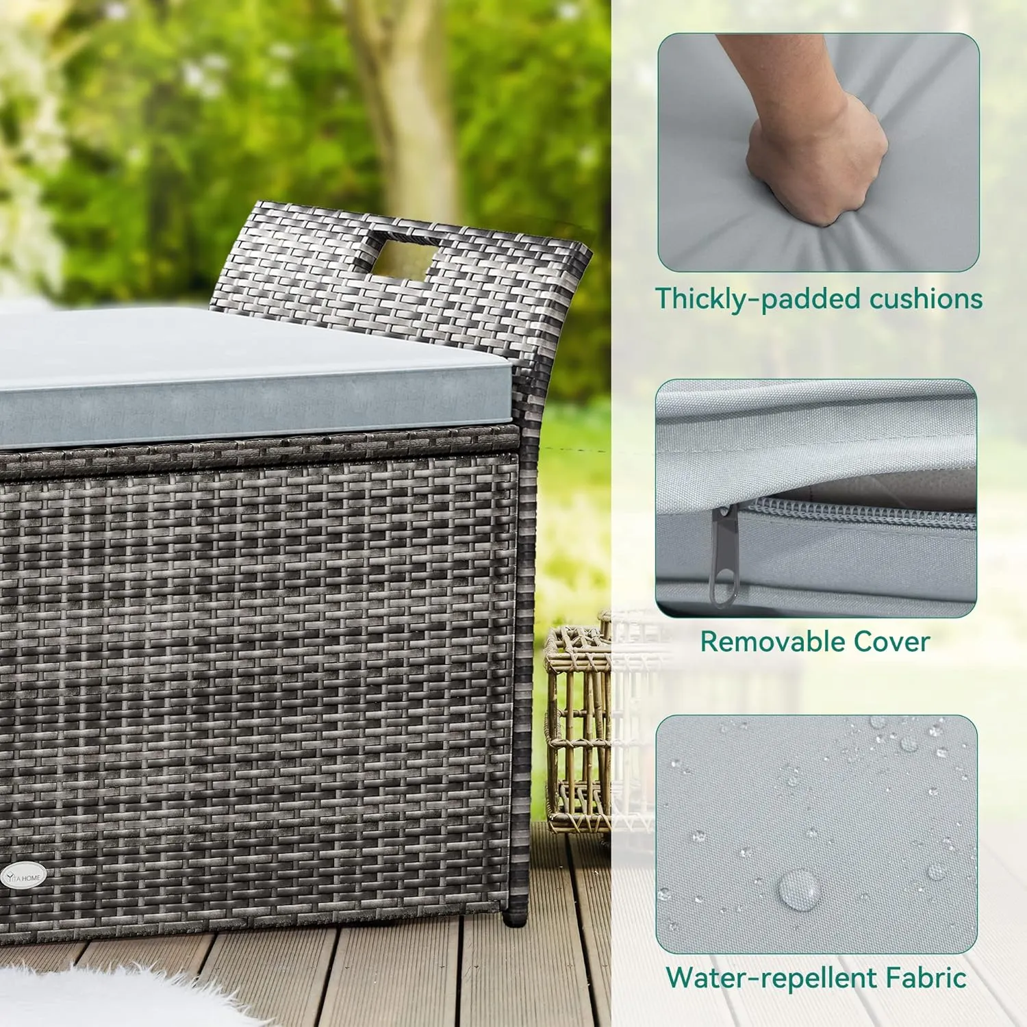 YITAHOME 90 Gallon Outdoor Wicker Storage Bench w/Cushion, Large PE Rattan Deck Storage Box w/Handles & Hydraulics for Patio Furniture, Cushions, Garden Tools, Pool & Sports Equipment, Light Grey