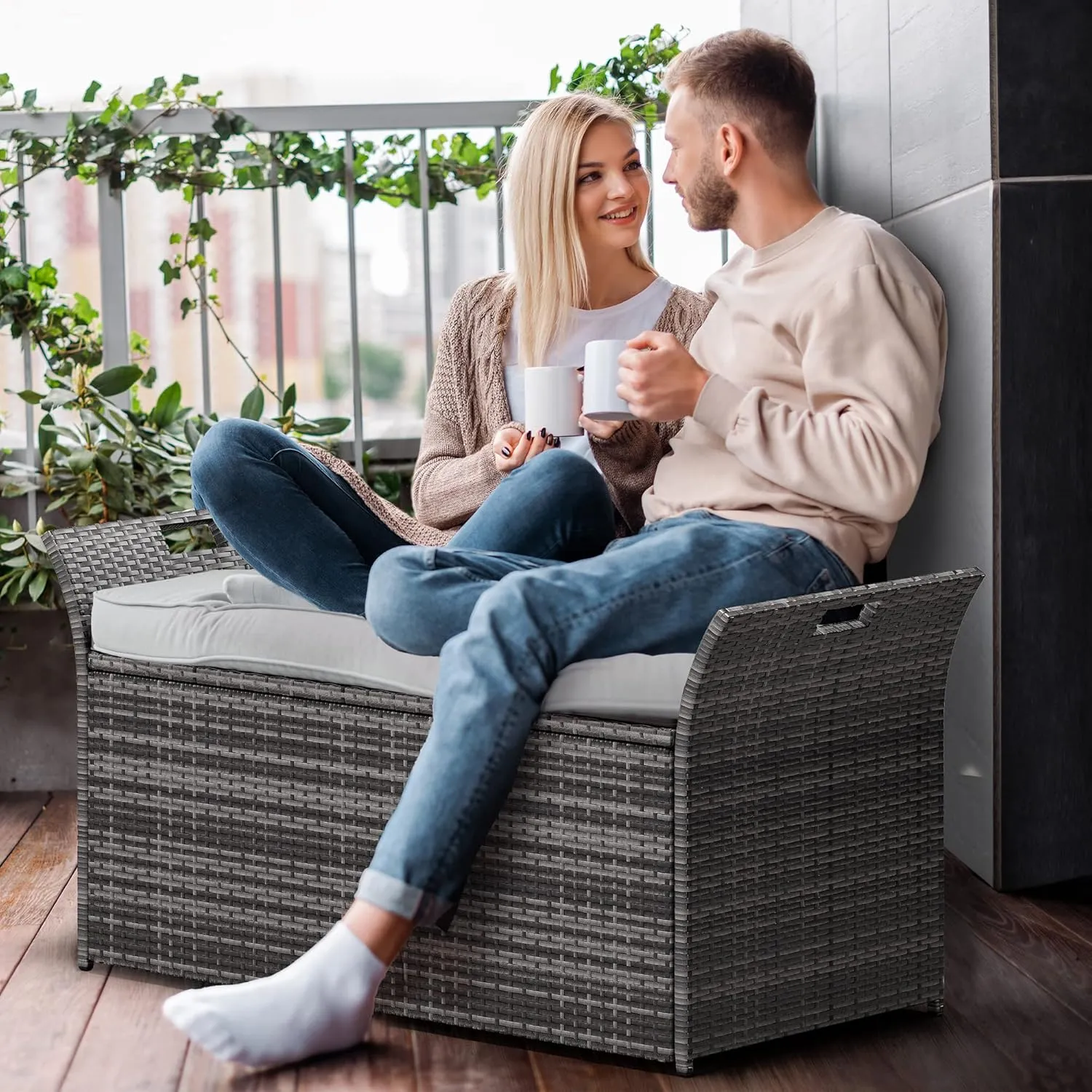 YITAHOME 90 Gallon Outdoor Wicker Storage Bench w/Cushion, Large PE Rattan Deck Storage Box w/Handles & Hydraulics for Patio Furniture, Cushions, Garden Tools, Pool & Sports Equipment, Light Grey