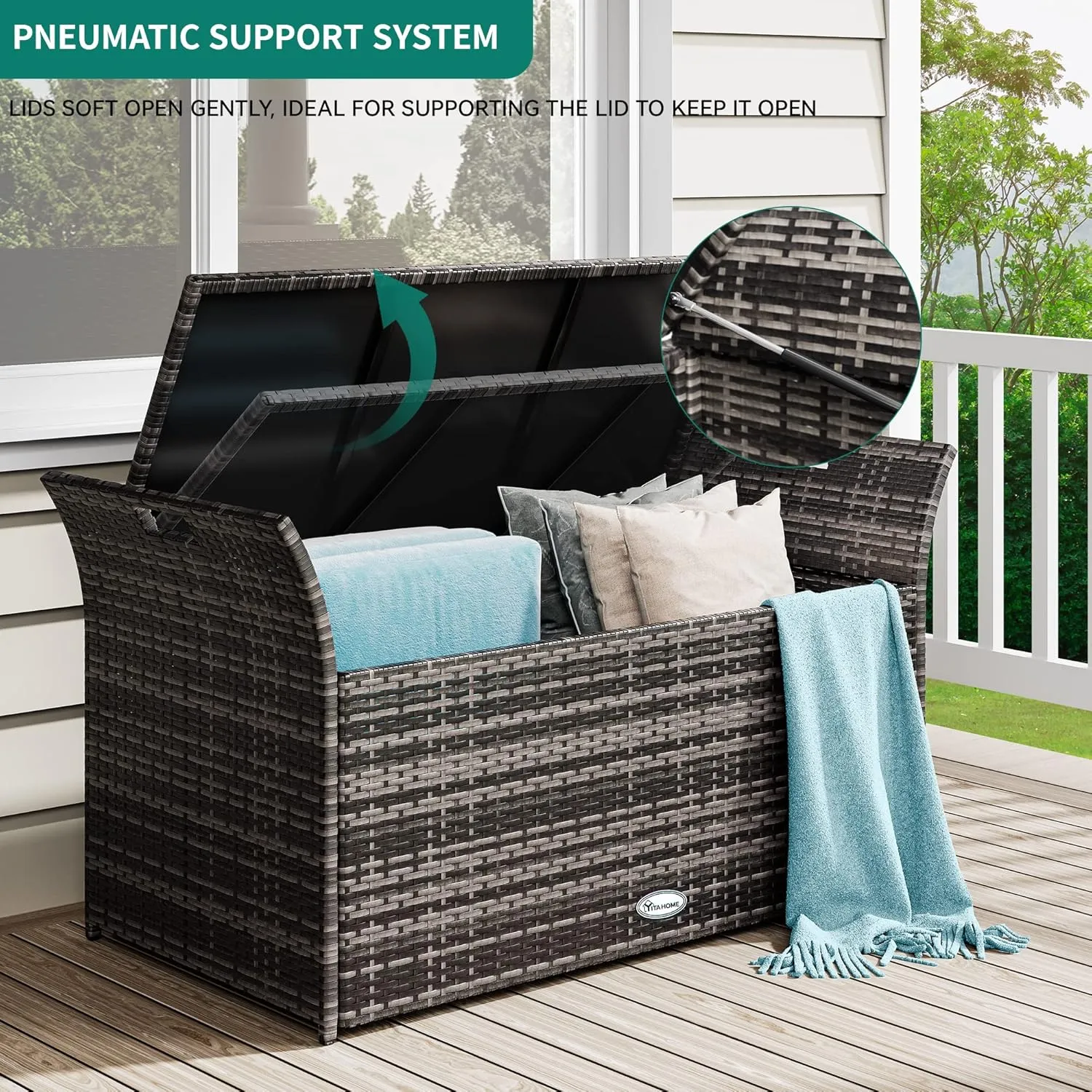 YITAHOME 90 Gallon Outdoor Wicker Storage Bench w/Cushion, Large PE Rattan Deck Storage Box w/Handles & Hydraulics for Patio Furniture, Cushions, Garden Tools, Pool & Sports Equipment, Light Grey