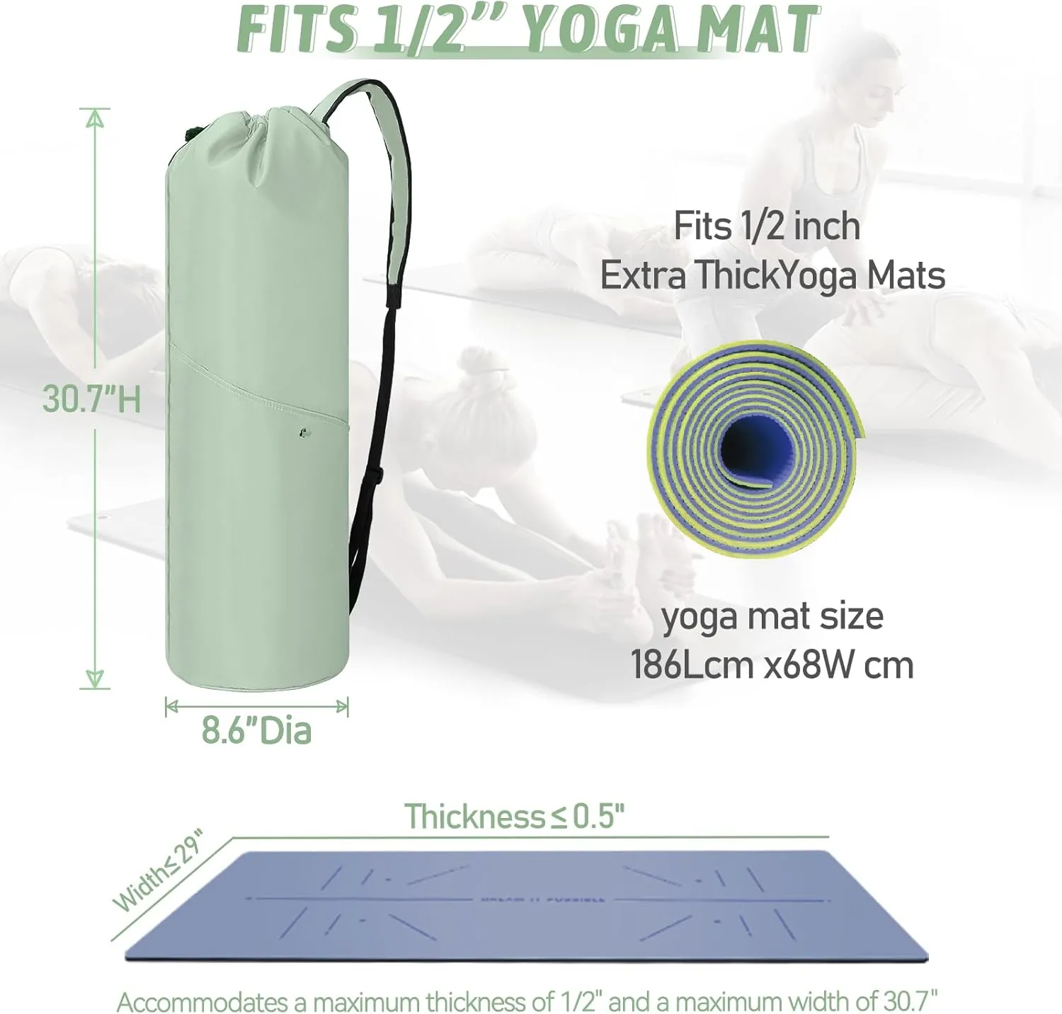 Yoga Mat Bag with Multi-Functional Storage Pockets, Waterproof Yoga Mat Carrying Bag with Adjustable Strap & Yoga mat storage cord, Fits Gym, Class, Beach Park, Travel