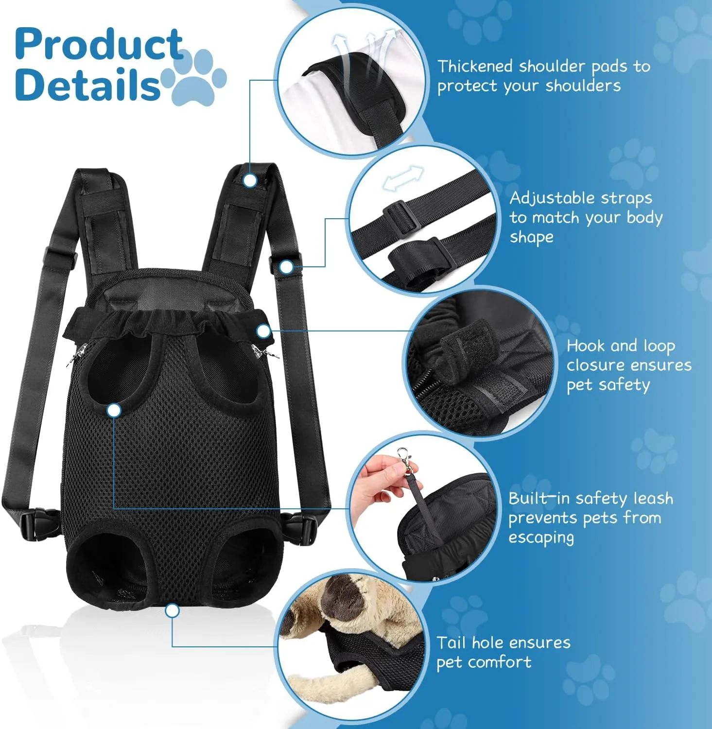 YUDODO Pet Dog Carrier Backpack Adjustable Dog Front Carrier, Legs Out Easy-Fit Dog Travel Backpack Carrier for Hiking Camping for Small Medium Dogs Cats and Rabbits (Large (Pack of 1), A-Black)