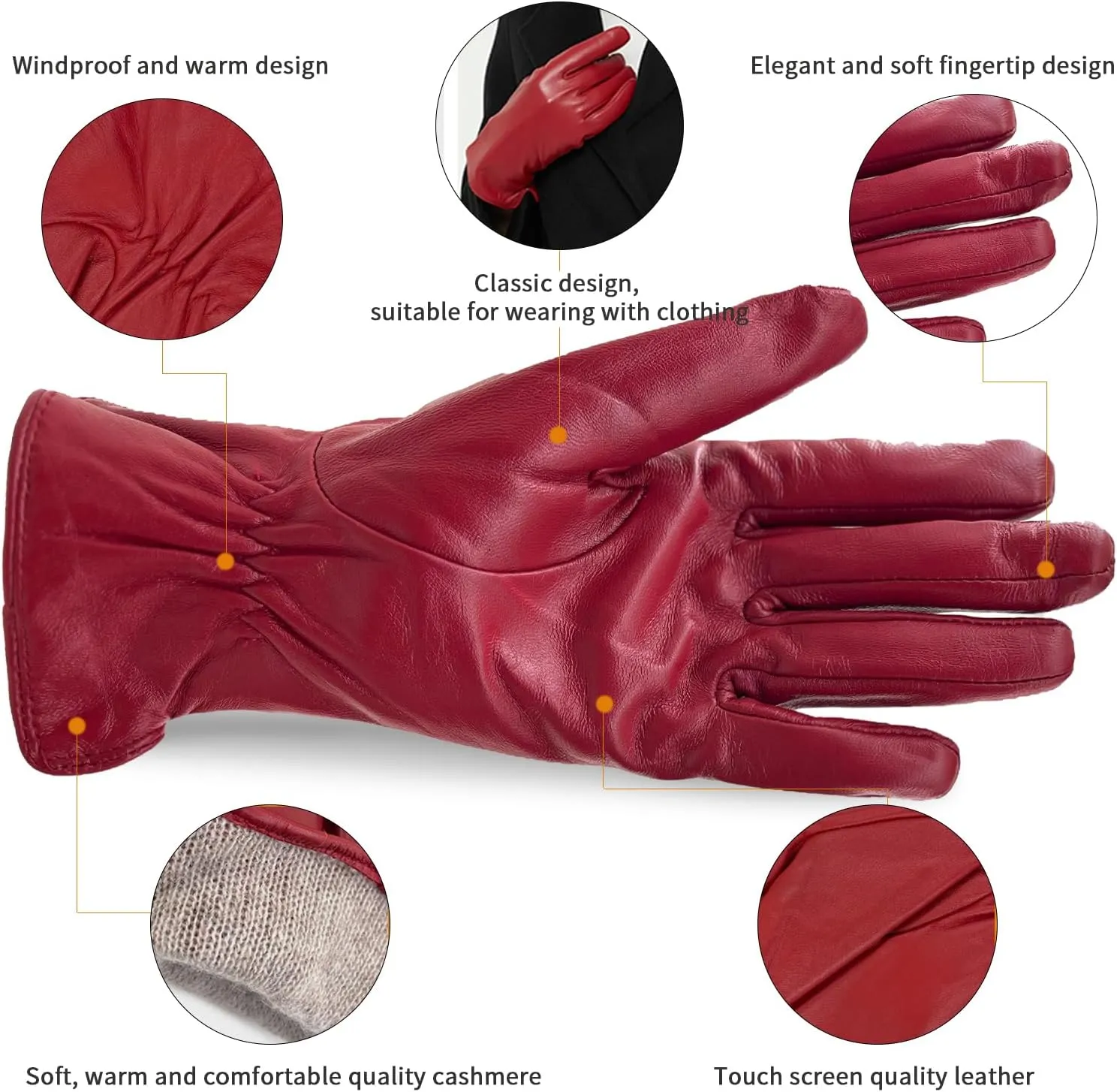 ZLUXURQ Luxury Italian Soft Leather Gloves for Women - Genuine SheepSkin Leather Women’s Cold Weather Gloves Cashmere Lined